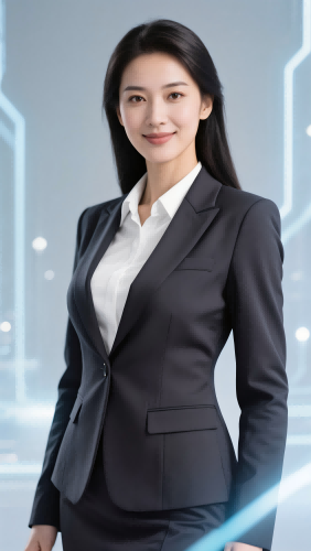 李博士形象，女性，35岁左右，长发，穿着时尚商务套装，微笑面对镜头