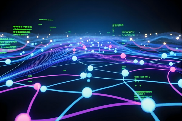 深度学习技术可视化，展示神经网络结构和数据流动路径，蓝色和紫色的科技感节点连接